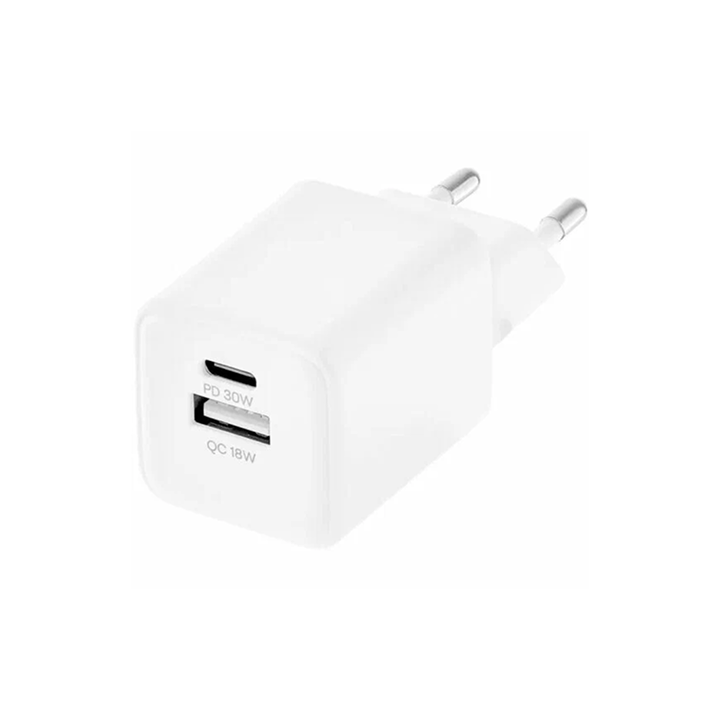 Сетевое зарядное устройство USB-C + USB-A (GAN 30W, QC4.0) uBear Wall Charger Bridge, белый