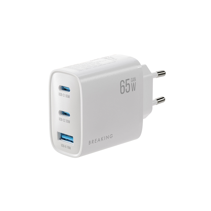 Сетевое зарядное устройство 2xUSB-C + USB-A (GaN 65W, QC 3.0, 3.0A) Breaking WC19, белый