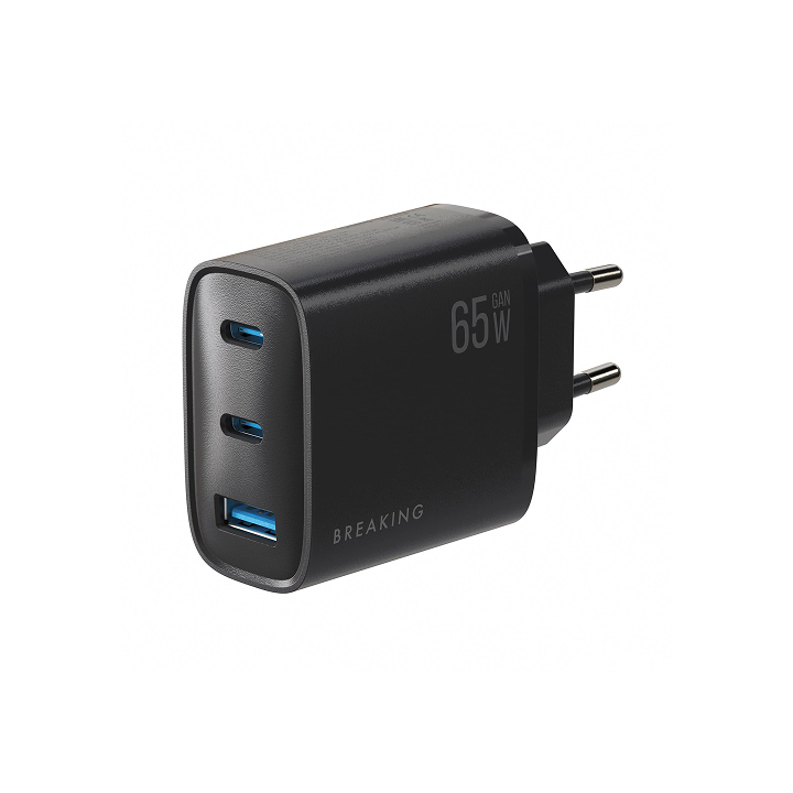 Сетевое зарядное устройство 2xUSB-C + USB-A (GaN 65W, QC 3.0, 3.0A) Breaking WC19, черный