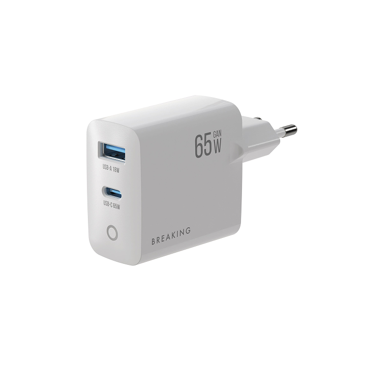 Сетевое зарядное устройство USB-C + USB-A (GaN 65W, QC 3.0, 3.0A) Breaking WC20, белый