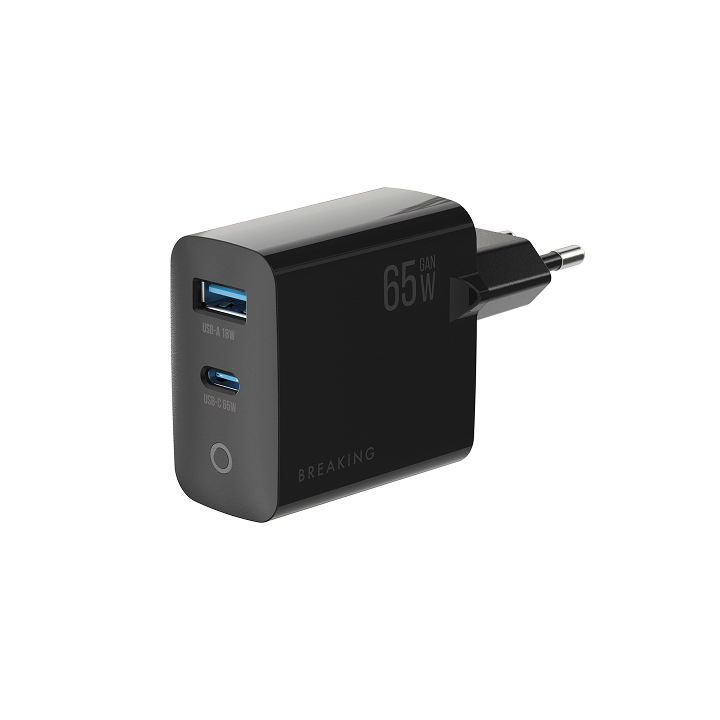 Сетевое зарядное устройство USB-C + USB-A (GaN 65W, QC 3.0, 3.0A) Breaking WC20, черный